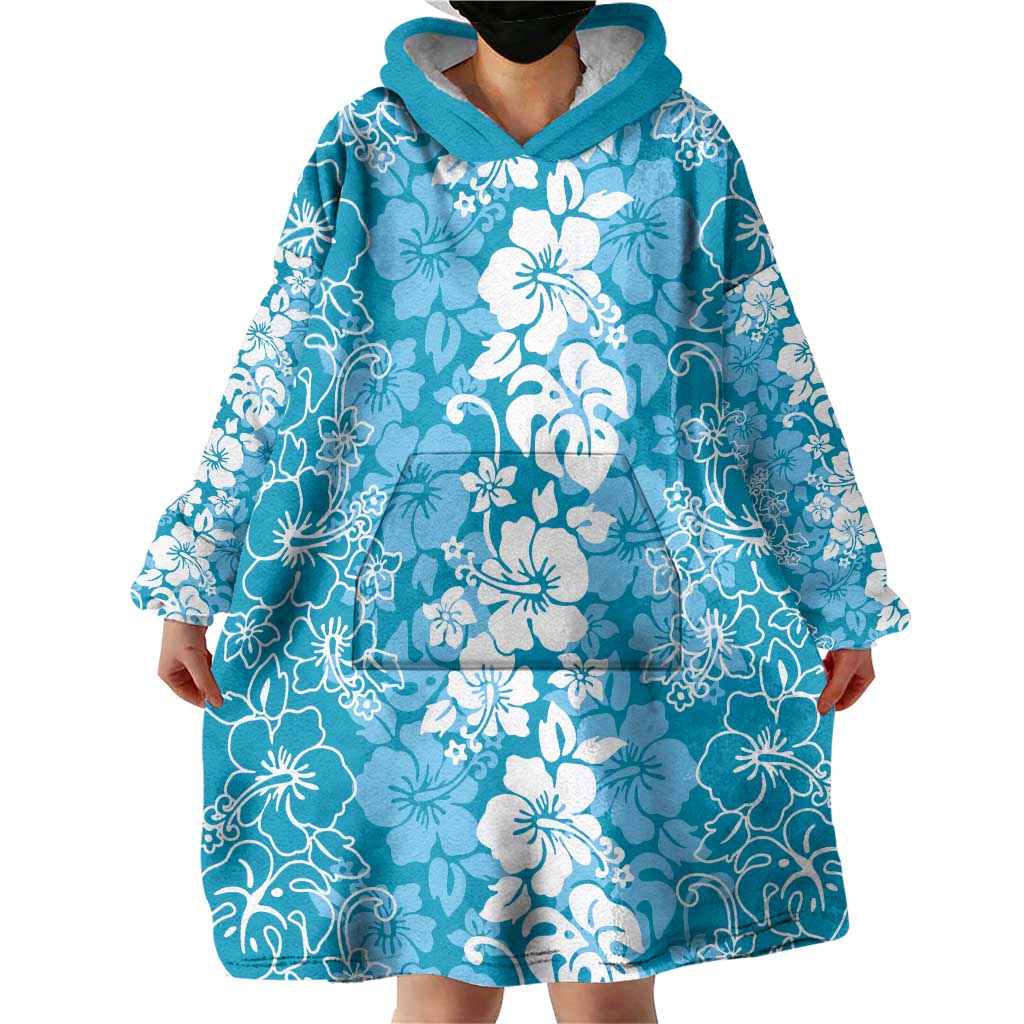Hawaiian Lei Day Wearable Blanket Hoodie Blue Hibiscus Flowers Lei Art