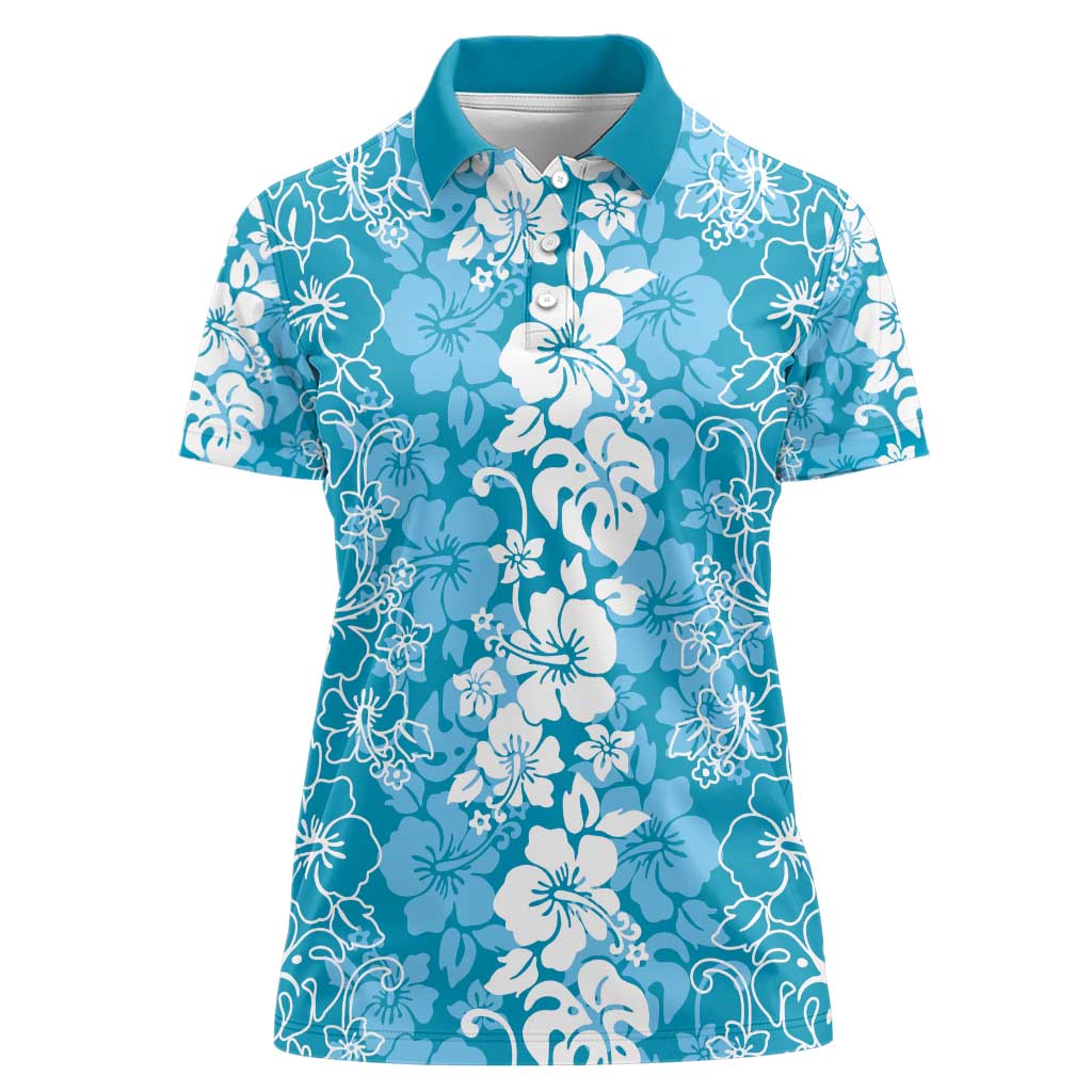 Hawaiian Lei Day Women Polo Shirt Blue Hibiscus Flowers Lei Art