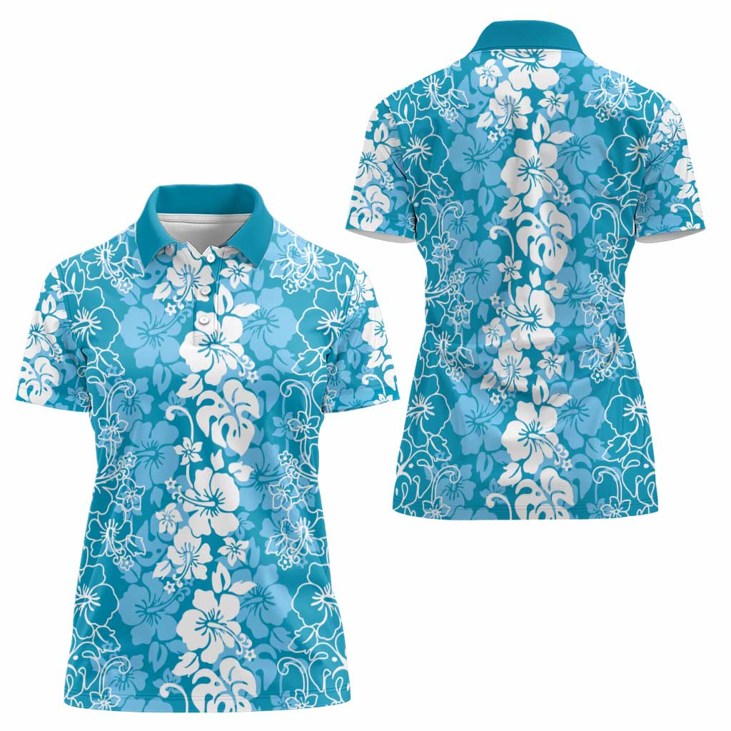 Hawaiian Lei Day Women Polo Shirt Blue Hibiscus Flowers Lei Art