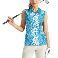 Hawaiian Lei Day Women Sleeveless Polo Shirt Blue Hibiscus Flowers Lei Art