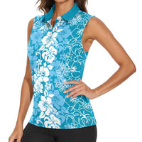 Hawaiian Lei Day Women Sleeveless Polo Shirt Blue Hibiscus Flowers Lei Art