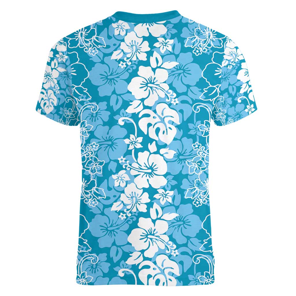 Hawaiian Lei Day Women V-Neck T-Shirt Blue Hibiscus Flowers Lei Art