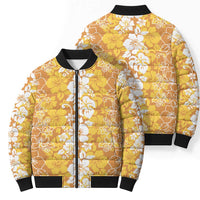 Hawaiian Lei Day Bomber Puffer Jacket Gold Hibiscus Flowers Lei Art - Polynesian Pride