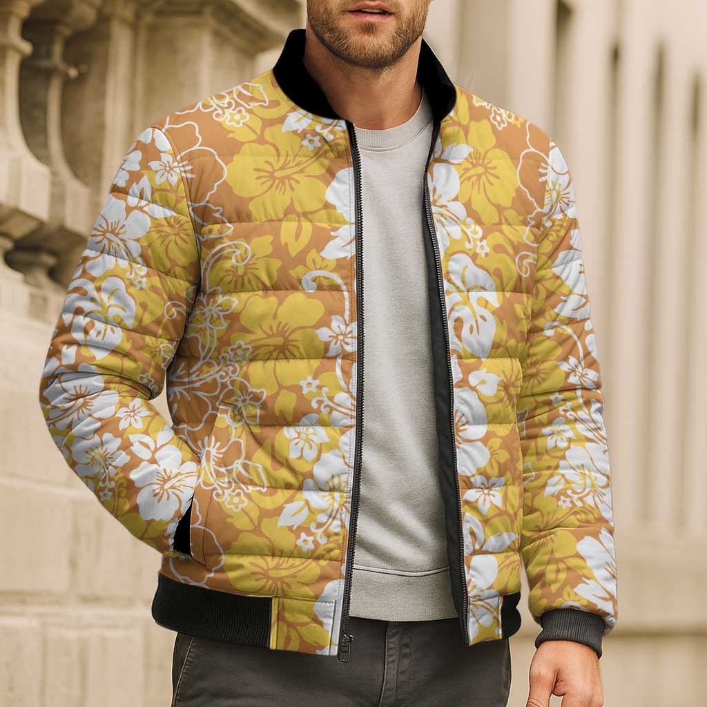 Hawaiian Lei Day Bomber Puffer Jacket Gold Hibiscus Flowers Lei Art - Polynesian Pride