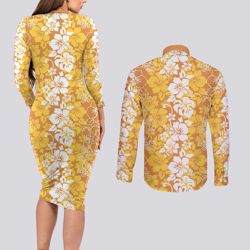 Hawaiian Lei Day Couples Matching Long Sleeve Bodycon Dress and Long Sleeve Button Shirt Gold Hibiscus Flowers Lei Art