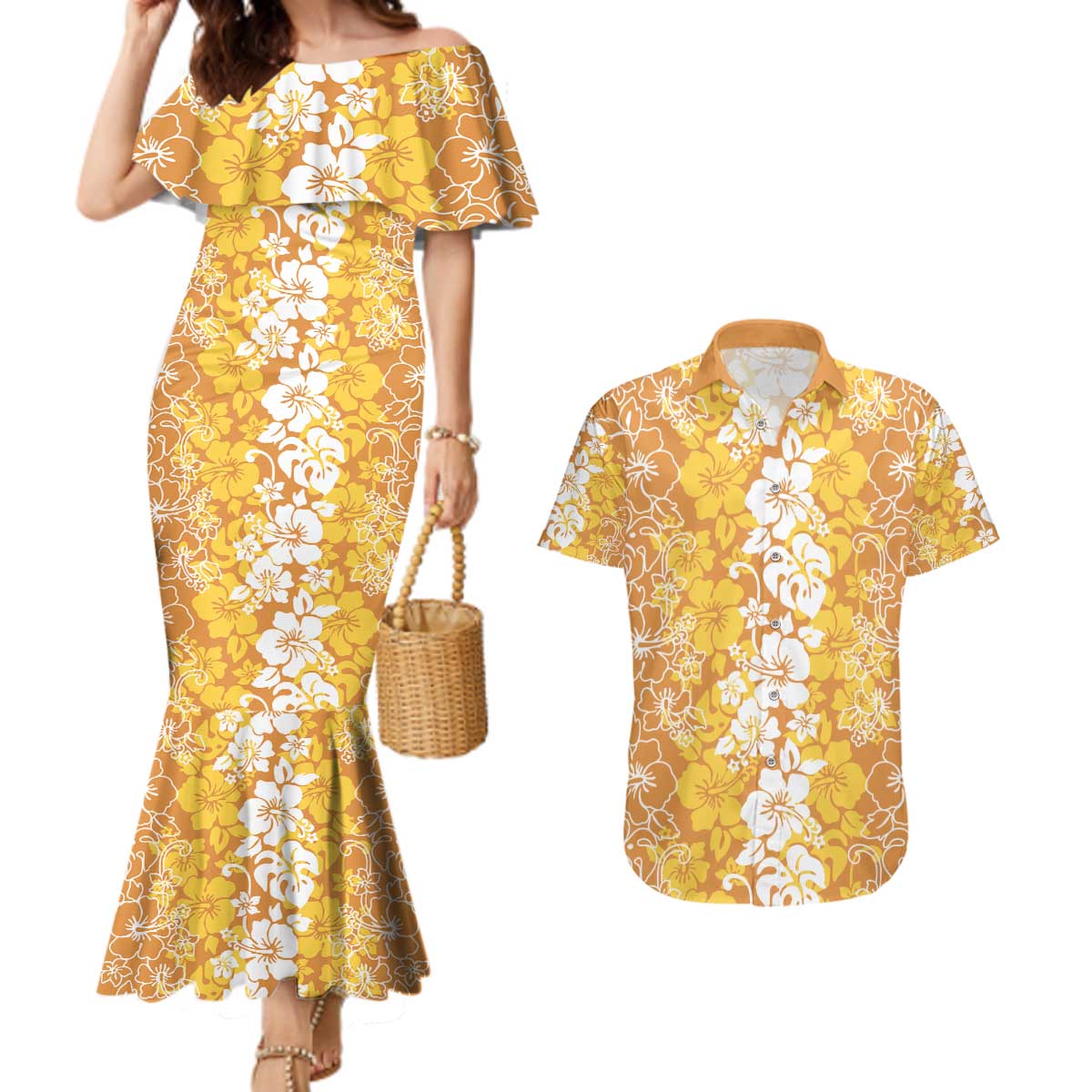 Hawaiian Lei Day Couples Matching Mermaid Dress and Hawaiian Shirt Gold Hibiscus Flowers Lei Art