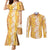 Hawaiian Lei Day Couples Matching Mermaid Dress and Long Sleeve Button Shirt Gold Hibiscus Flowers Lei Art