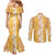 Hawaiian Lei Day Couples Matching Mermaid Dress and Long Sleeve Button Shirt Gold Hibiscus Flowers Lei Art