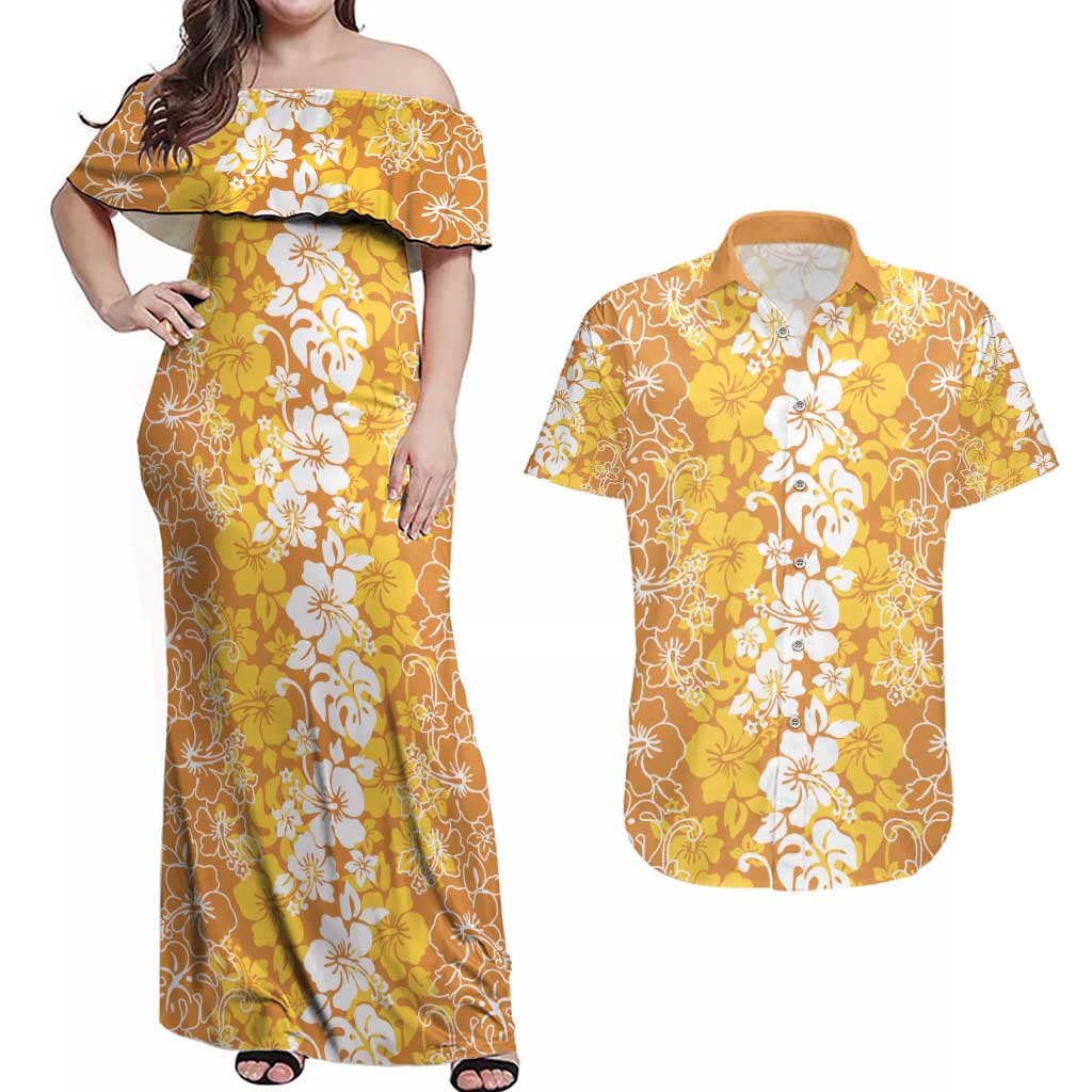 Hawaiian Lei Day Couples Matching Off Shoulder Maxi Dress and Hawaiian Shirt Gold Hibiscus Flowers Lei Art