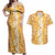 Hawaiian Lei Day Couples Matching Off Shoulder Maxi Dress and Hawaiian Shirt Gold Hibiscus Flowers Lei Art