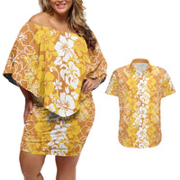Hawaiian Lei Day Couples Matching Off Shoulder Short Dress and Hawaiian Shirt Gold Hibiscus Flowers Lei Art
