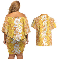 Hawaiian Lei Day Couples Matching Off Shoulder Short Dress and Hawaiian Shirt Gold Hibiscus Flowers Lei Art