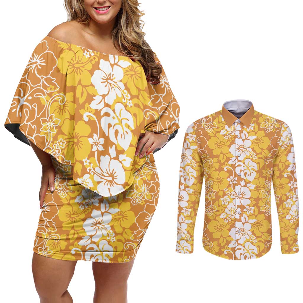 Hawaiian Lei Day Couples Matching Off Shoulder Short Dress and Long Sleeve Button Shirt Gold Hibiscus Flowers Lei Art