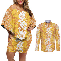 Hawaiian Lei Day Couples Matching Off Shoulder Short Dress and Long Sleeve Button Shirt Gold Hibiscus Flowers Lei Art