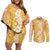 Hawaiian Lei Day Couples Matching Off Shoulder Short Dress and Long Sleeve Button Shirt Gold Hibiscus Flowers Lei Art