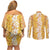 Hawaiian Lei Day Couples Matching Off Shoulder Short Dress and Long Sleeve Button Shirt Gold Hibiscus Flowers Lei Art