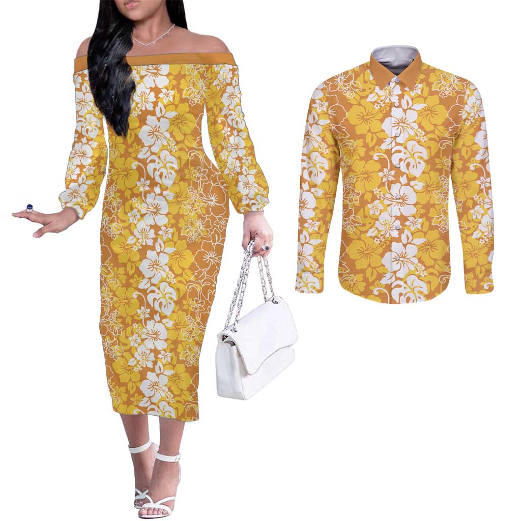 Hawaiian Lei Day Couples Matching Off The Shoulder Long Sleeve Dress and Long Sleeve Button Shirt Gold Hibiscus Flowers Lei Art