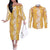 Hawaiian Lei Day Couples Matching Off The Shoulder Long Sleeve Dress and Long Sleeve Button Shirt Gold Hibiscus Flowers Lei Art