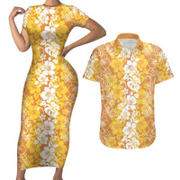 Hawaiian Lei Day Couples Matching Short Sleeve Bodycon Dress and Hawaiian Shirt Gold Hibiscus Flowers Lei Art