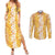 Hawaiian Lei Day Couples Matching Summer Maxi Dress and Long Sleeve Button Shirt Gold Hibiscus Flowers Lei Art