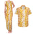 Hawaiian Lei Day Couples Matching Tank Maxi Dress and Hawaiian Shirt Gold Hibiscus Flowers Lei Art