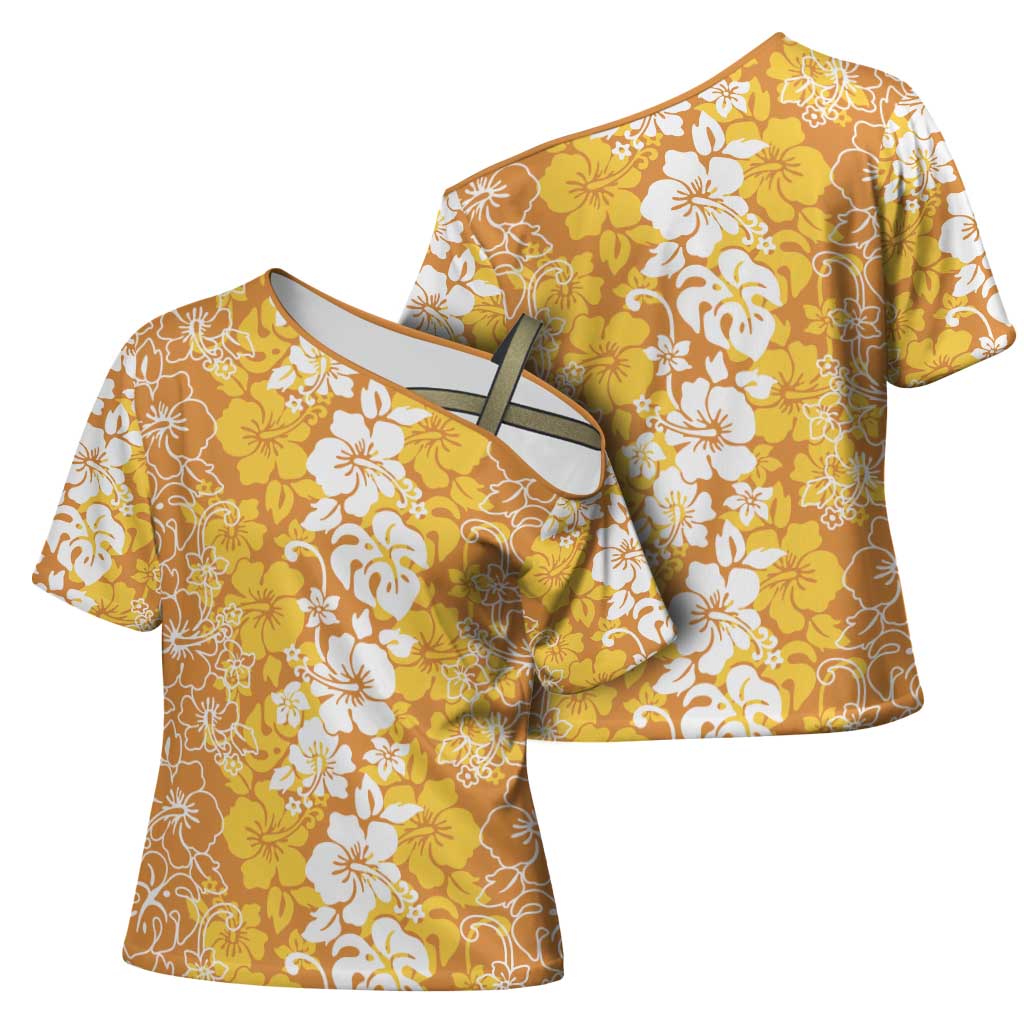 Hawaiian Lei Day Cross Shoulder Shirt Gold Hibiscus Flowers Lei Art - Polynesian Pride