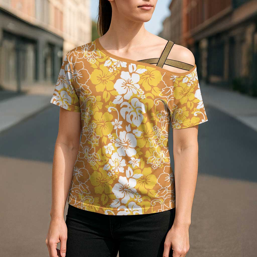 Hawaiian Lei Day Cross Shoulder Shirt Gold Hibiscus Flowers Lei Art - Polynesian Pride