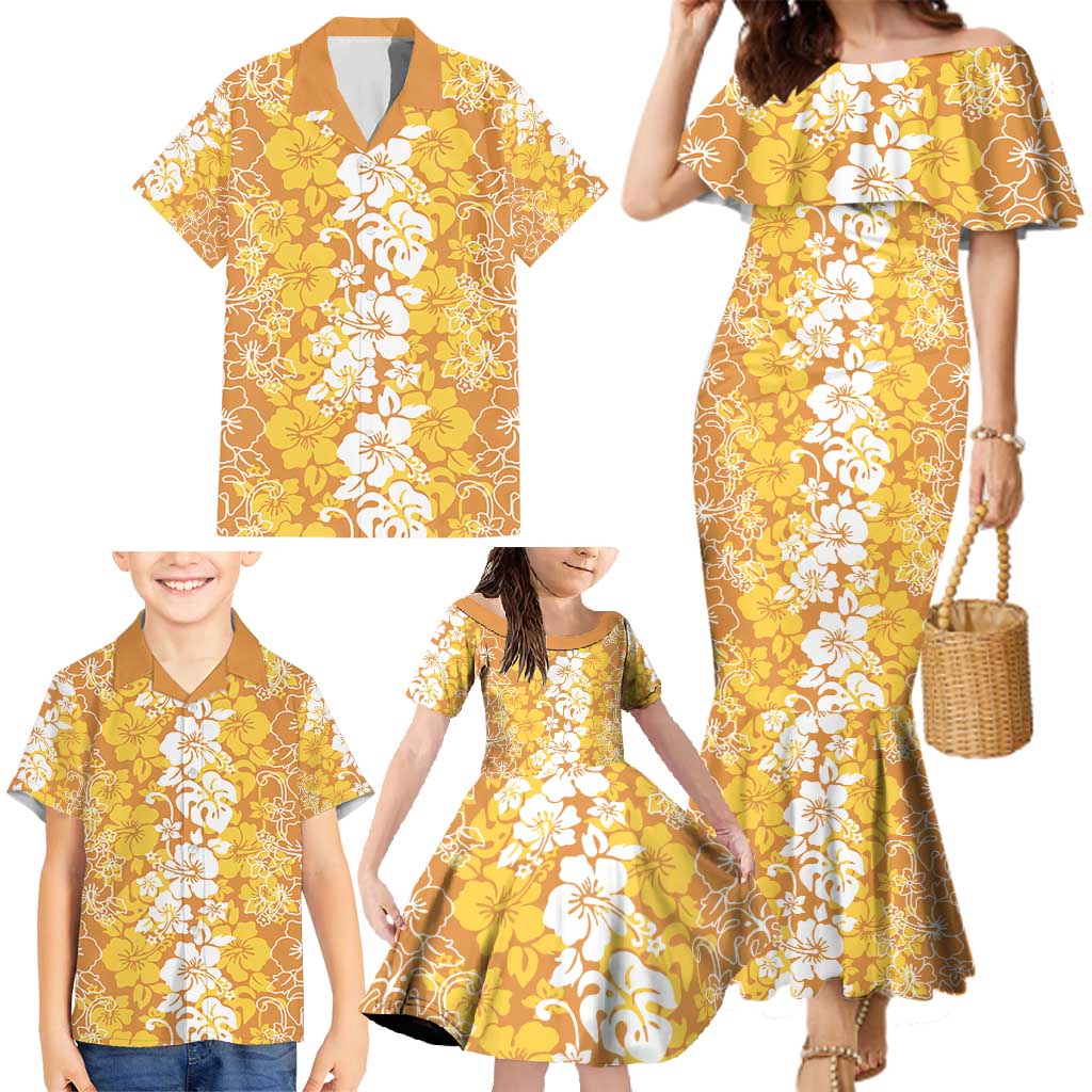 Hawaiian Lei Day Family Matching Mermaid Dress and Hawaiian Shirt Gold Hibiscus Flowers Lei Art
