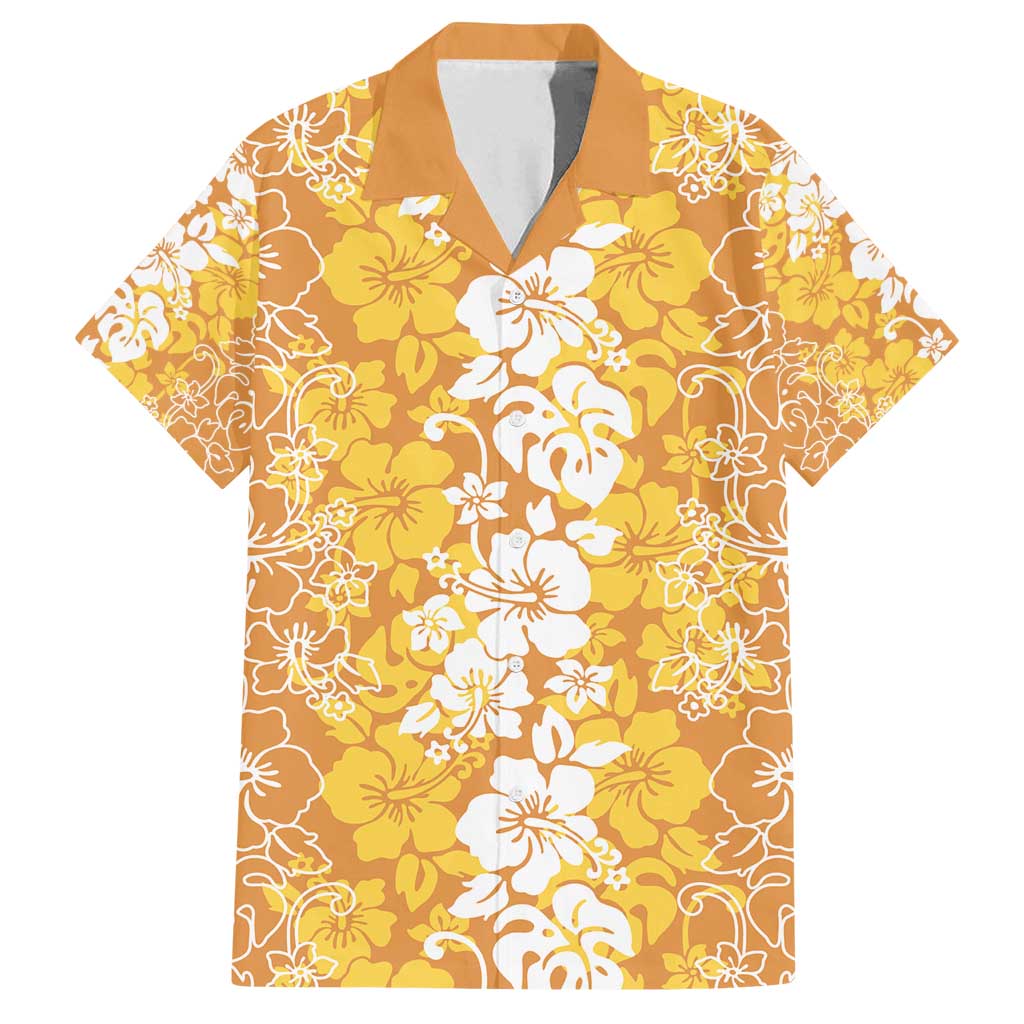 Hawaiian Lei Day Family Matching Puletasi and Hawaiian Shirt Gold Hibiscus Flowers Lei Art