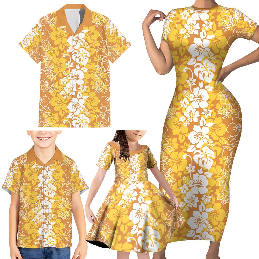 Hawaiian Lei Day Family Matching Short Sleeve Bodycon Dress and Hawaiian Shirt Gold Hibiscus Flowers Lei Art