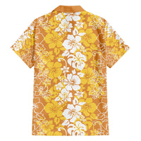 Hawaiian Lei Day Family Matching Short Sleeve Bodycon Dress and Hawaiian Shirt Gold Hibiscus Flowers Lei Art