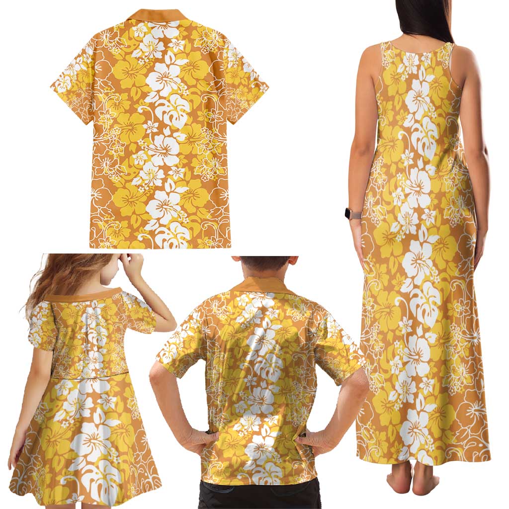 Hawaiian Lei Day Family Matching Tank Maxi Dress and Hawaiian Shirt Gold Hibiscus Flowers Lei Art