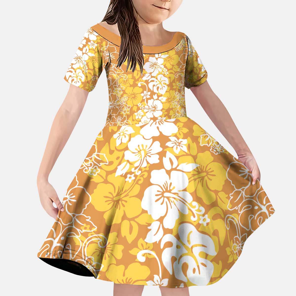 Hawaiian Lei Day Kid Short Sleeve Dress Gold Hibiscus Flowers Lei Art