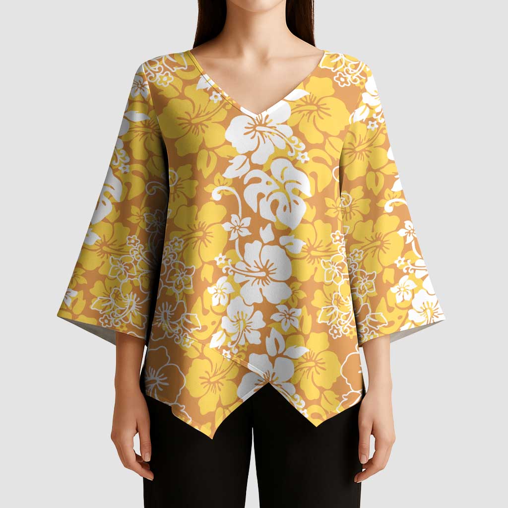 Hawaiian Lei Day Kimono Sleeve Blouse Gold Hibiscus Flowers Lei Art - Polynesian Pride
