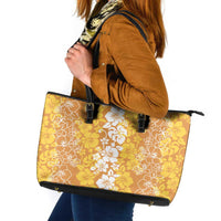 Hawaiian Lei Day Leather Tote Bag Gold Hibiscus Flowers Lei Art