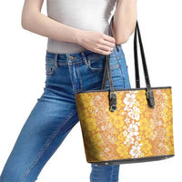 Hawaiian Lei Day Leather Tote Bag Gold Hibiscus Flowers Lei Art