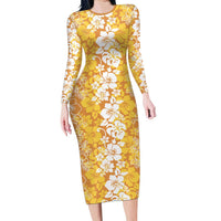 Hawaiian Lei Day Long Sleeve Bodycon Dress Gold Hibiscus Flowers Lei Art