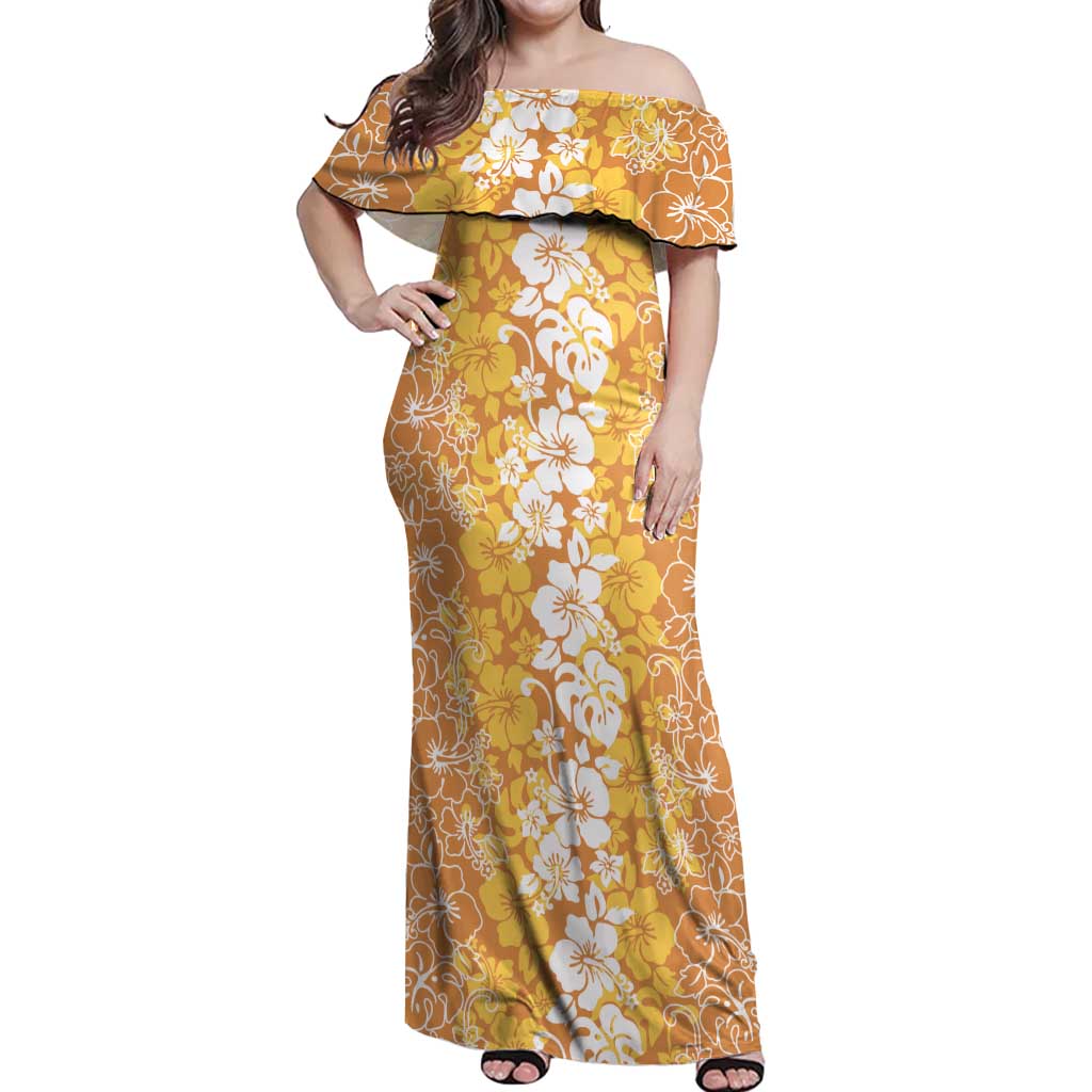 Hawaiian Lei Day Off Shoulder Maxi Dress Gold Hibiscus Flowers Lei Art