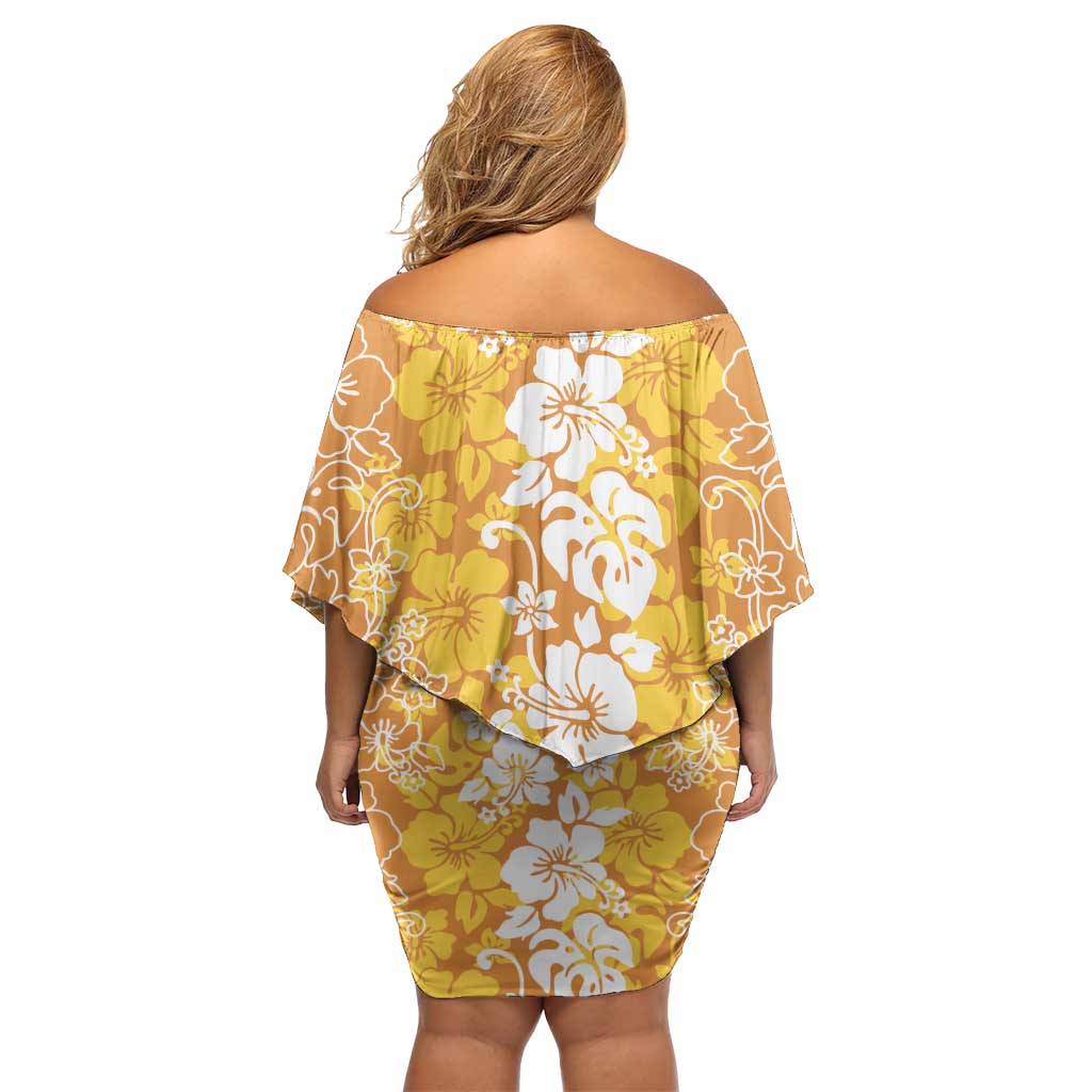Hawaiian Lei Day Off Shoulder Short Dress Gold Hibiscus Flowers Lei Art