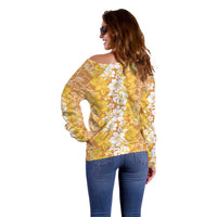 Hawaiian Lei Day Off Shoulder Sweater Gold Hibiscus Flowers Lei Art