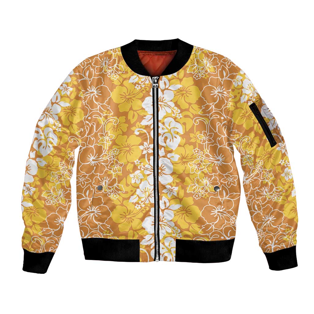 Hawaiian Lei Day Sleeve Zip Bomber Jacket Gold Hibiscus Flowers Lei Art