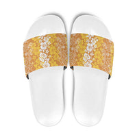 Hawaiian Lei Day Slide Sandals Gold Hibiscus Flowers Lei Art - Polynesian Pride