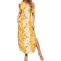 Hawaiian Lei Day Summer Maxi Dress Gold Hibiscus Flowers Lei Art