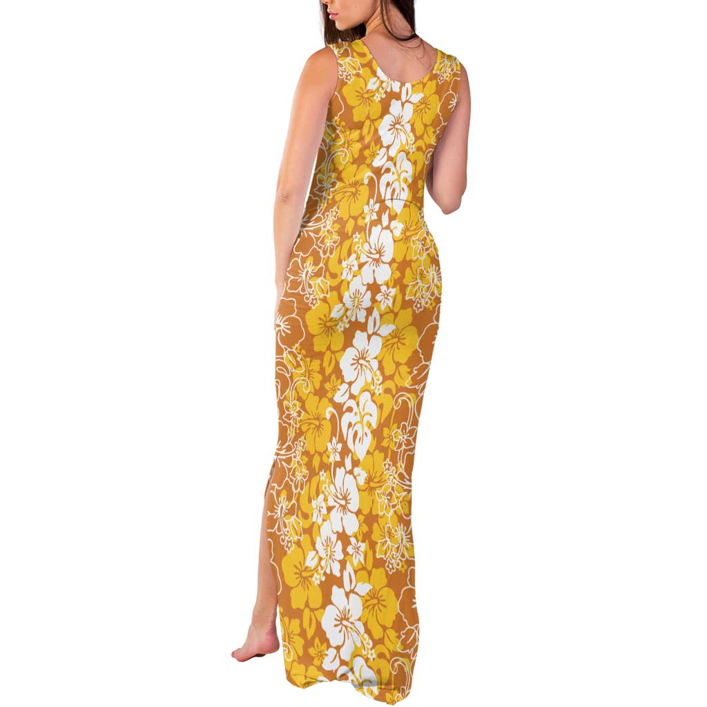 Hawaiian Lei Day Tank Maxi Dress Gold Hibiscus Flowers Lei Art