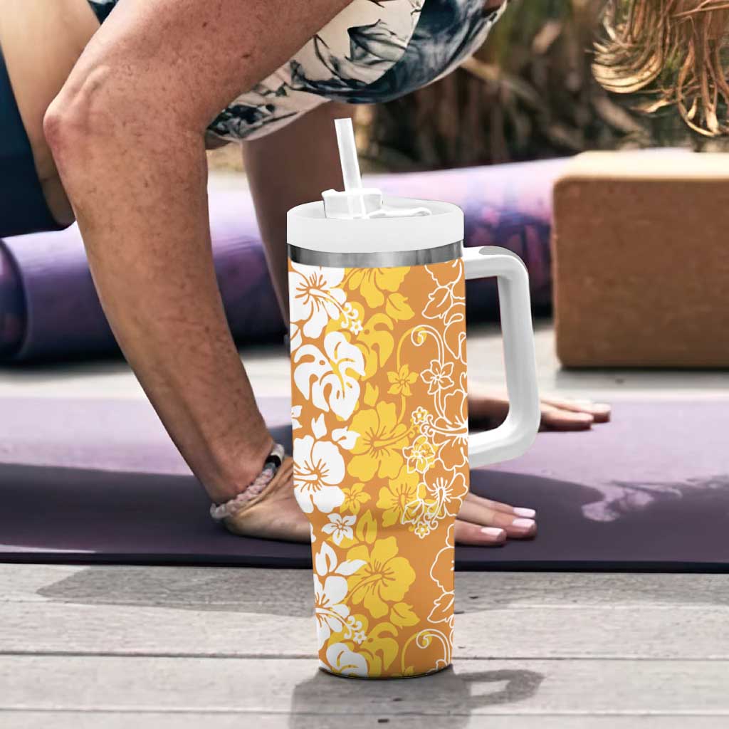 Hawaiian Lei Day Tumbler With Handle Gold Hibiscus Flowers Lei Art
