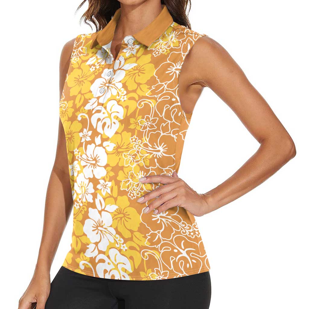 Hawaiian Lei Day Women Sleeveless Polo Shirt Gold Hibiscus Flowers Lei Art