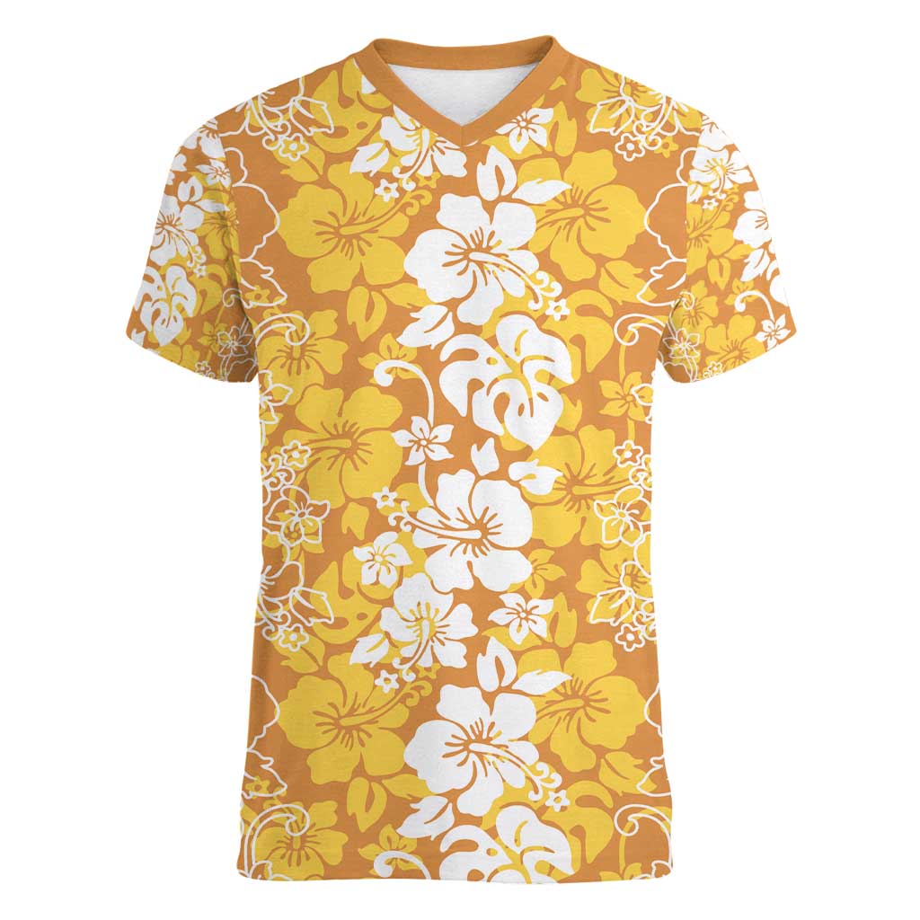 Hawaiian Lei Day Women V-Neck T-Shirt Gold Hibiscus Flowers Lei Art