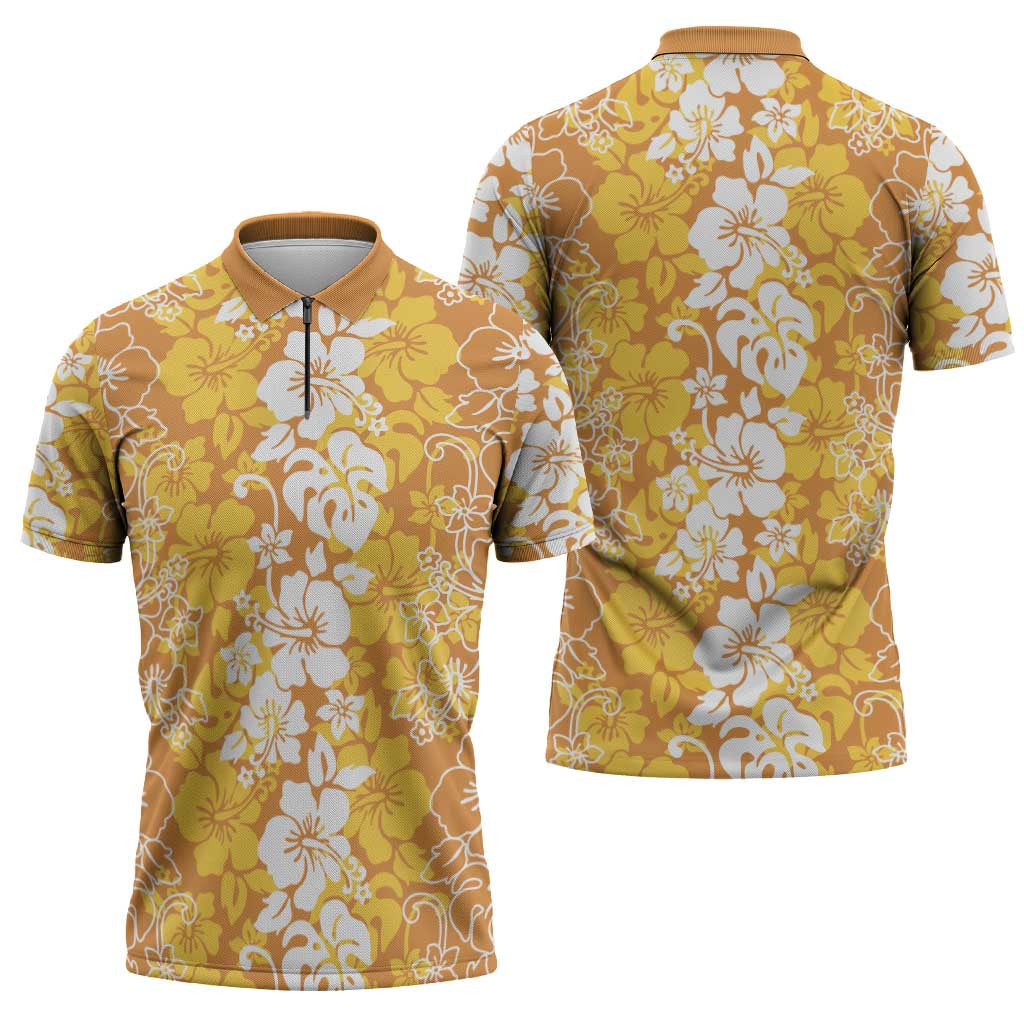 Hawaiian Lei Day Zipper Polo Shirt Gold Hibiscus Flowers Lei Art - Polynesian Pride