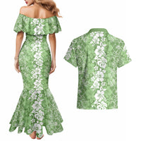 Hawaiian Lei Day Couples Matching Mermaid Dress and Hawaiian Shirt Green Hibiscus Flowers Lei Art