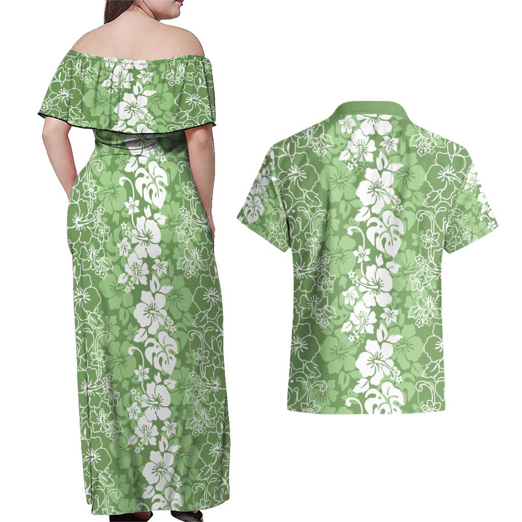 Hawaiian Lei Day Couples Matching Off Shoulder Maxi Dress and Hawaiian Shirt Green Hibiscus Flowers Lei Art
